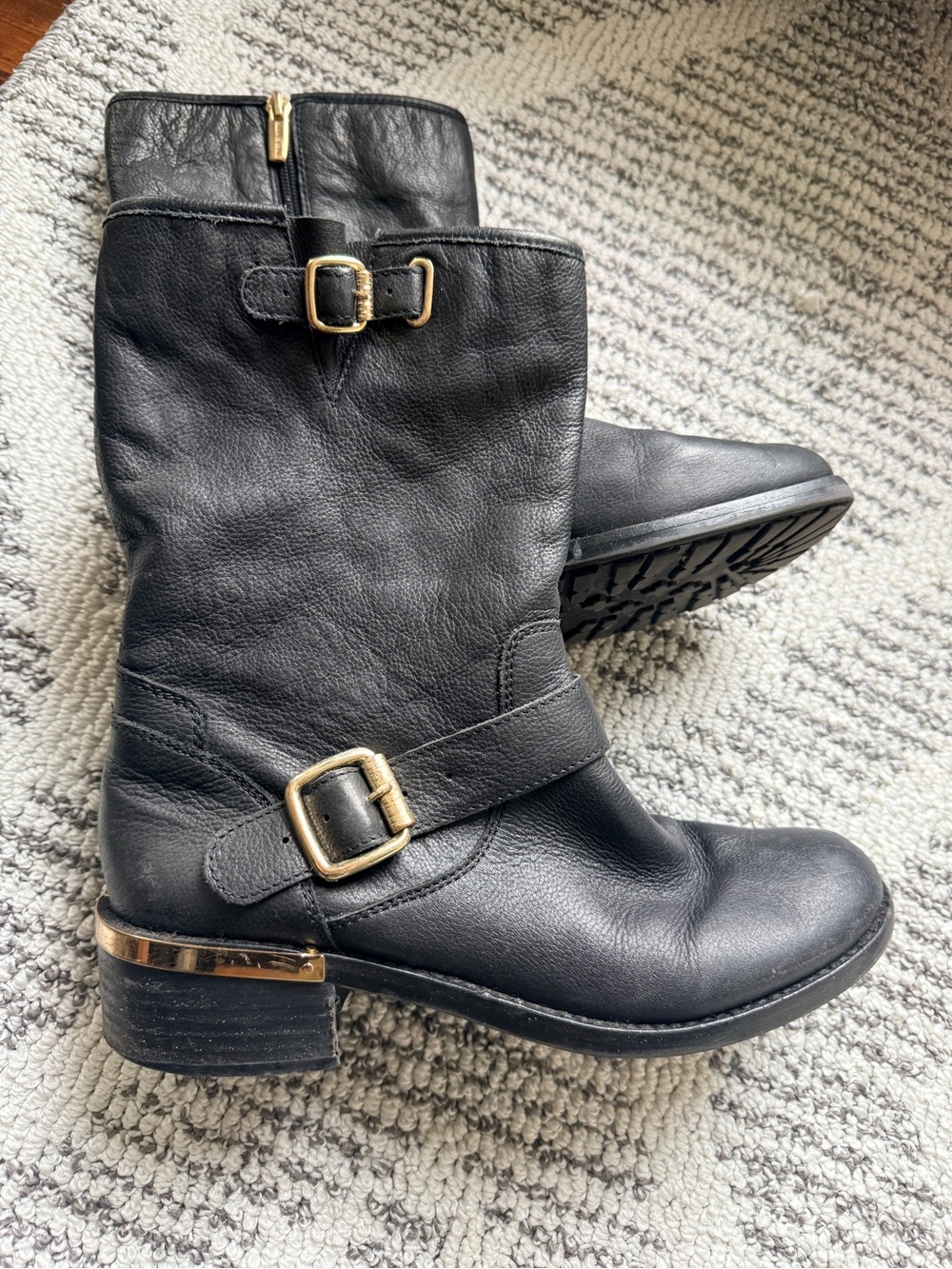 Vince Camuto Black Leather Mid-Calf Buckle Boots